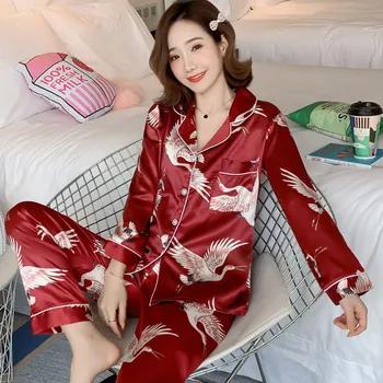 Femei din Satin Set de Pijama Drăguț Desene animate Pijama cu Maneca Lunga 2 Bucata Sleepwear Costum de Pijama Somn Body PlusSize 5XL 100KG