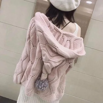 Pulover tricotat Femei Vrac Lantern Maneca Pulovere 2020 Toamna de Moda Cardigan de Pluș Jachete Solid Doamnelor cu Gluga trage femme