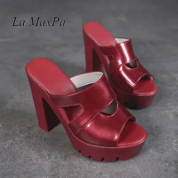 Deget de la picior deschis Bloc Tocuri Pantofi Platforma Femeie Vară 2019 Piele de Brevet Slide-uri de Înaltă Tocuri Papuci Doamnelor Negru zapatos de mujer