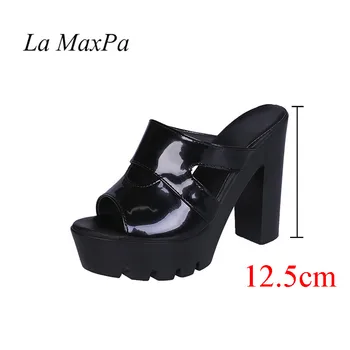 Deget de la picior deschis Bloc Tocuri Pantofi Platforma Femeie Vară 2019 Piele de Brevet Slide-uri de Înaltă Tocuri Papuci Doamnelor Negru zapatos de mujer