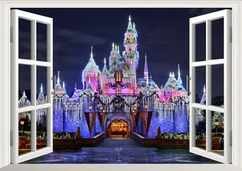 Vizualizare 3D Disney Castel Vedere Fereastră Decal AUTOCOLANT de PERETE Decor Acasă autocolante de perete pentru camera copii Decalcomanii de Copii Decor