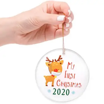 2020 Crăciun Ornament Rotund Din Ceramica Personalizate Pom De Crăciun Agățat Decoratiuni Drăguț Cafeniu Model Ceramice Ambarcațiuni Pandantiv