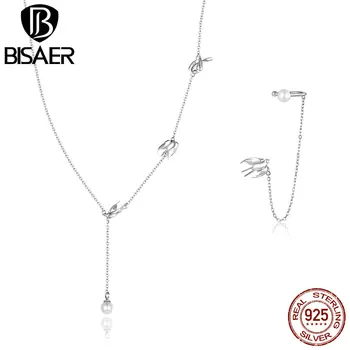 Zboară Rândunelele Seturi de Bijuterii BISAER Argint 925 Neclace & Clip Cercei cu Lanț Lung Cercei Pentru Femei Design de Bijuterii
