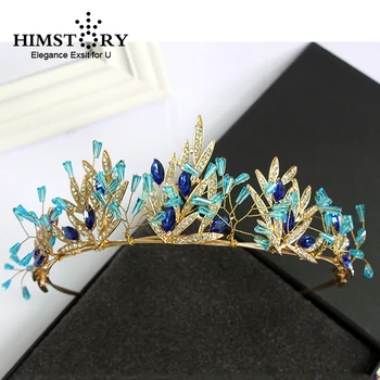 Calitate de Top Femei Coroana Albastru Șirag de mărgele de Cristal Tiara Coroana de Aur, Diademe, accesorii de Par farmec Printesa diadema de mireasa fotografie