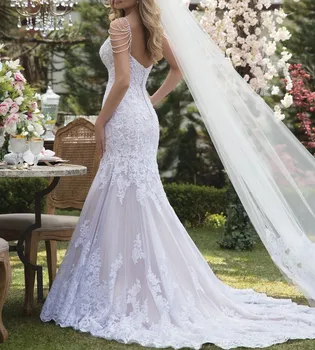 Vestido de noiva Unic Dantela de Mireasa Sirena, Rochii Perle Curele de Spaghete Rochie de Mireasa 2020 Elegante, Rochii de Mireasa Sirena