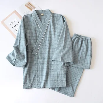 Kimono-stil japonez, tifon de bumbac, primăvara și toamna barbati carouri cămașă de noapte din două piese, serviciu acasă yukata dantela-up set pijama