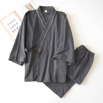 Kimono-stil japonez, tifon de bumbac, primăvara și toamna barbati carouri cămașă de noapte din două piese, serviciu acasă yukata dantela-up set pijama