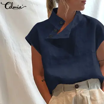 Celmia Casual Vrac Lenjerie de pat din Bumbac Bluze Femei 2021 Vara Maneca Scurta Nasturi Guler Solid Topuri Elegante Blusas 5XL