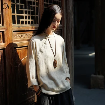 OriGoods Femei Bluza cu maneca Lunga stil Chinezesc Lenjerie Camasa Bluza Vrac Design Original Vintage Bluza de Toamna Topuri C268