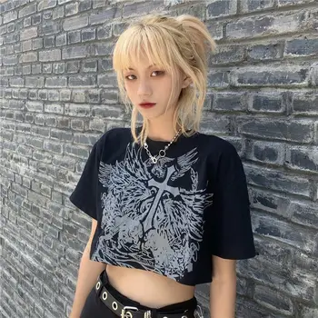 Negru Gotic Imprimare Femei Culturilor Sus Stil Coreean Tricou Maneca Scurta Tricou Harajuku Ulzzang Tee Haine Sexy Grunge Croptop