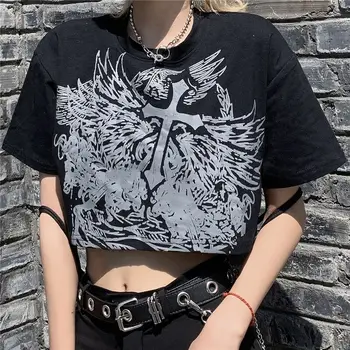 Negru Gotic Imprimare Femei Culturilor Sus Stil Coreean Tricou Maneca Scurta Tricou Harajuku Ulzzang Tee Haine Sexy Grunge Croptop