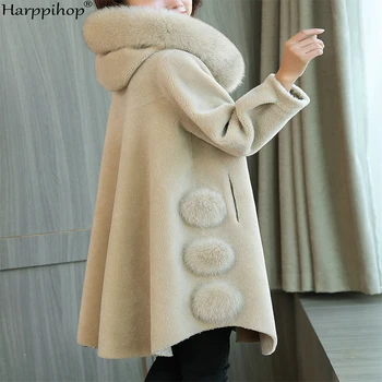 Bronzing granule tunsul oilor blană haină de lână femeie secțiunea lung 2019 noi de iarna jacheta cu gluga de blană de vulpe