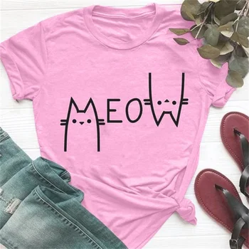 Drăguț Tricou Femei 2019 Bumbac Imprimare Miau pisica O-neck tricou Casual Moda Scurtă Tricou Unisex Maneca tricou 4 culori