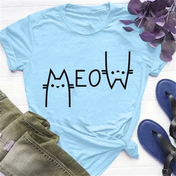 Drăguț Tricou Femei 2019 Bumbac Imprimare Miau pisica O-neck tricou Casual Moda Scurtă Tricou Unisex Maneca tricou 4 culori