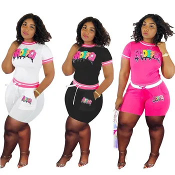Adogirl Paiete Scrisoare Femei Trening Casual Două Bucata Set cu Maneci Scurte T-shirt de Sus Buzunare pantaloni Scurți de Vară Tinutele de Club Costum