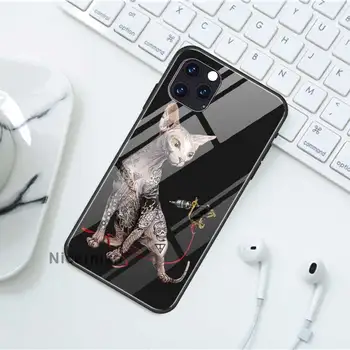 Tattoo Sfinx Cat de Cazuri Pentru iPhone 11 Pro X XS XR Max 7 8 6 6S Plus Sticla Capac Negru Telefon Coque Shell