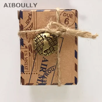 50 buc/lot DIY decorare Nunta Vintage Prin e-Mail de Aer Global de Hârtie Maro Cutie de Bomboane cu Metal Busola Global plic Tort Cutie