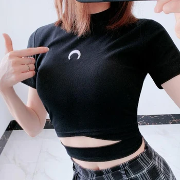 De Vară 2020 Gotic Streetwear T-Shirt pentru Femei Harajuku Topuri Tricou Femei T Shirt Sexy Casual Luna Broderie Crop Top de sex Feminin