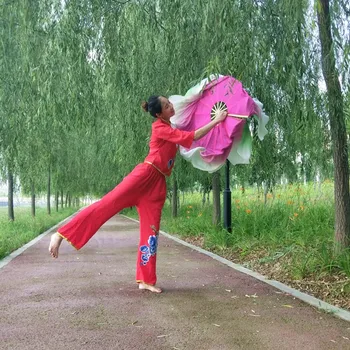 360 de grade Clasice Pliabil Dans Fan față-verso de Mătase Lotus/Frunză de Lotus în Formă de Gradient Două Culori Dans Ventilator de Mână