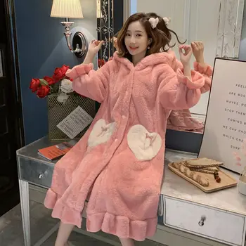 Cămașă de noapte de sex Feminin coreeană Gros de Iarna Fleece Coral Fată Drăguță, cu Glugă cu mâneci Lungi Femei pijama de Flanel Cald Homewear f1998