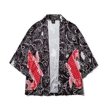 Vară Nouă Bărbați Supradimensionate Streetwear Koi Japonez Stil Cardigan Jachete de Moda Tipărite Hip Hop de sex Masculin Kimono Jacket straturi