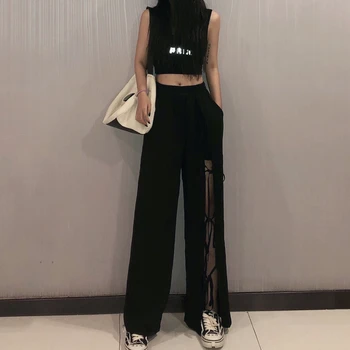 Pantaloni Casual Femei Picior Liber Decora Dantelă Up Conceput Colector De Agrement Fantă Streetwear Toamna De Sex Feminin Coreeană Stil Casual Chic