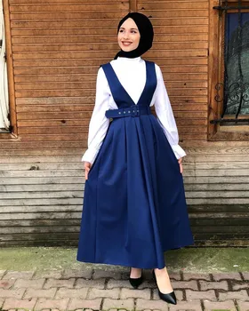 Musulman Înaltă Talie O-linie Fuste Femei în General de Două Curea de Umăr Suspensor Fusta Slim Maxi Plisată Vestidos Haine Islamice