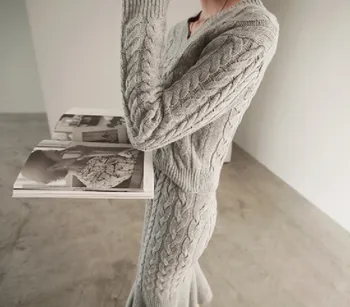 SMTHMA Nou Toamna Și Iarna Sexy V-Neck Coreea de Cald pulover Pulover +Talie Mare Zburli Sirena Fusta Două Bucata Set