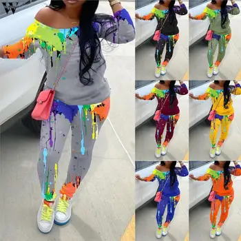 Două Bucata Set pentru Femei Trening Tie Dye Print cu Maneci Lungi de Sus Jogger Pantaloni Costum de Trening Set de Potrivire Graffiti Casual toamna Tinuta