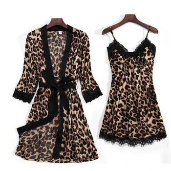 4buc Set Lenjerie Rochie de Noapte pentru Femei Somn Topuri Halat Seturi Lounge Sexy din Satin de Mătase de Imprimare Leopard Pijamale Dress Halat de baie