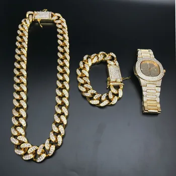 2cm Hip Hop de Aur Gheață Cubanez Cristal Miami Colier Lant Aur Barbati Watch & Colier & Bratara Combo Set Hip-Hop Pentru Bărbați