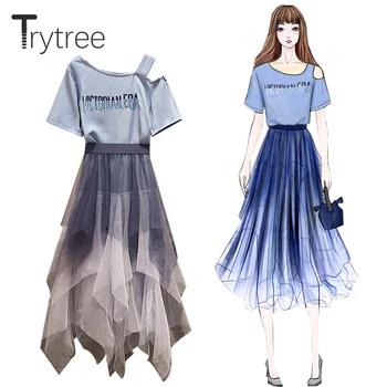 Trytree De Vară 2020 Remorcare Bucata Set De Moda Casual Albastru Scrisoare De Top + Fusta Plasă Elegant Talie Elastic La Mijlocul Lunii Vițel 2 Bucata Set
