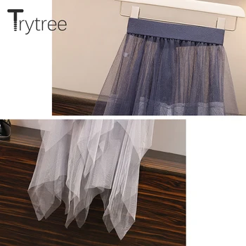 Trytree De Vară 2020 Remorcare Bucata Set De Moda Casual Albastru Scrisoare De Top + Fusta Plasă Elegant Talie Elastic La Mijlocul Lunii Vițel 2 Bucata Set