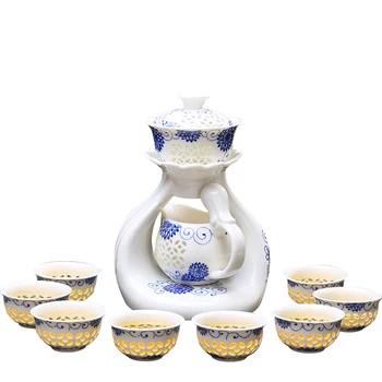 Set de ceai automată ceai costum de uz casnic contractat ceainic ceramic kung fu albastru și alb portelan cesti persoană leneș