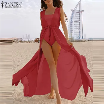ZANZEA Femme Bluze de Vară Vacanță de Plajă pentru Femei Cardigan Dantela-Up Casual Feminino Solidă fără Mâneci Combinezon Sundress Plus Dimensiune 5XL