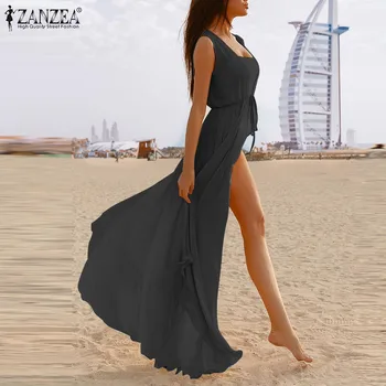 ZANZEA Femme Bluze de Vară Vacanță de Plajă pentru Femei Cardigan Dantela-Up Casual Feminino Solidă fără Mâneci Combinezon Sundress Plus Dimensiune 5XL