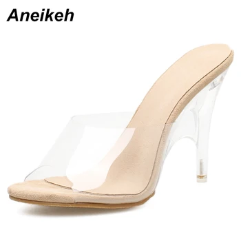 Aneikeh Femei Papuci 2020 Moda cu Toc Femei Ciudat Tocuri Catâri PVC Transparent Pantofi Clar Deget de la picior Deschis Caise Dimensiunea 42