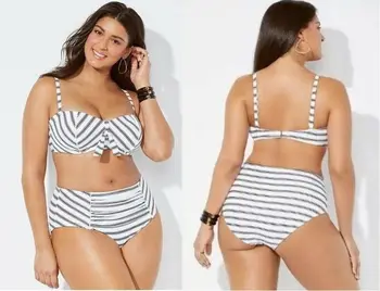 Femei Plus Dimensiune Bandaj Set De Bikini Cu Dungi De Imprimare Sutien Bikini Split De Mari Dimensiuni Corp De Costume De Baie De Vară La Plajă Bikini