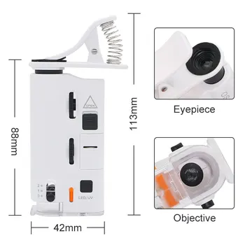 60X-100X Mini Microscop Portabil Universal Clip Microscop Smartphone Microscop, Lupă cu LED-uri Lumina UV Lupe