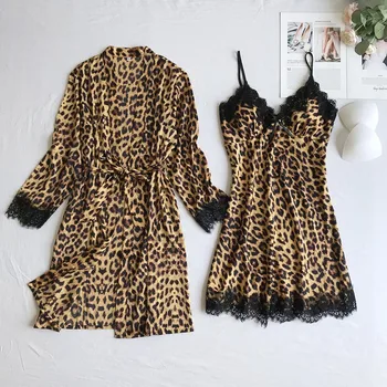 Satin Pijamale De Mătase De Imprimare Leopard Două Bucata Set Pentru Femei Cardigan Cămașă De Noapte Un Halat De Baie Femei Halate De Lenjerie De Corp Pijamale Feminina #G2