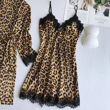 Satin Pijamale De Mătase De Imprimare Leopard Două Bucata Set Pentru Femei Cardigan Cămașă De Noapte Un Halat De Baie Femei Halate De Lenjerie De Corp Pijamale Feminina #G2