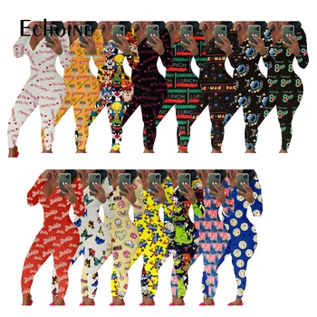Echoine Toamna Iarna femei Sexy Adulți body-uri cu Maneci Lungi V-neck Model de Imprimare Pijama Romper Femei Salopeta îmbrăcăminte de noapte