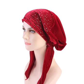 Noi femeile catifea stras Pre Legat Montate Turban Cap Eșarfe Pălării Chimioterapie Pălărie banda Folie Hijib Cap accesorii de par