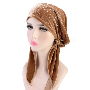 Noi femeile catifea stras Pre Legat Montate Turban Cap Eșarfe Pălării Chimioterapie Pălărie banda Folie Hijib Cap accesorii de par