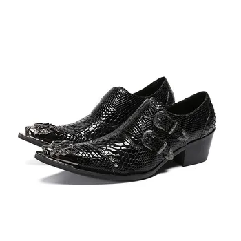 Aligator Piele De Brevet Barbati Mocasini Negru Toc Gros Pantofi Deget De Metal Cataramă Curele De Afaceri Office Shoes Plus Dimensiune