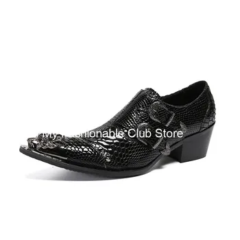 Aligator Piele De Brevet Barbati Mocasini Negru Toc Gros Pantofi Deget De Metal Cataramă Curele De Afaceri Office Shoes Plus Dimensiune