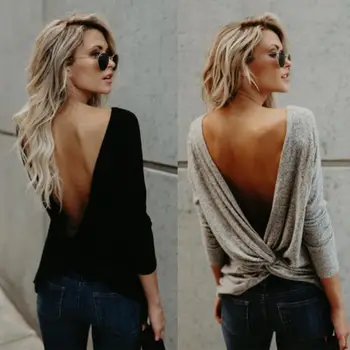 Femei De Moda Doamnelor Tricou Cu Maneci Lungi, Largi Deschise Cruce Înapoi Răsucite Topuri Sexy Backless Bluza