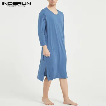 Oamenii de Agrement Somn Haine Casual Scurt Maneca V Gat Sleepwear Modă de Culoare Solidă Bumbac Nightgrown Confortabil Homewear INCERUN