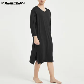 Oamenii de Agrement Somn Haine Casual Scurt Maneca V Gat Sleepwear Modă de Culoare Solidă Bumbac Nightgrown Confortabil Homewear INCERUN