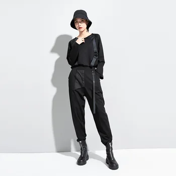 [MEM] Mare Elastic Talie Panglică Neagră Split Harem Pantaloni Noi Vrac se Potrivi Pantaloni de Femei de Moda, Valul de Primavara Toamna anului 2021 1DC777